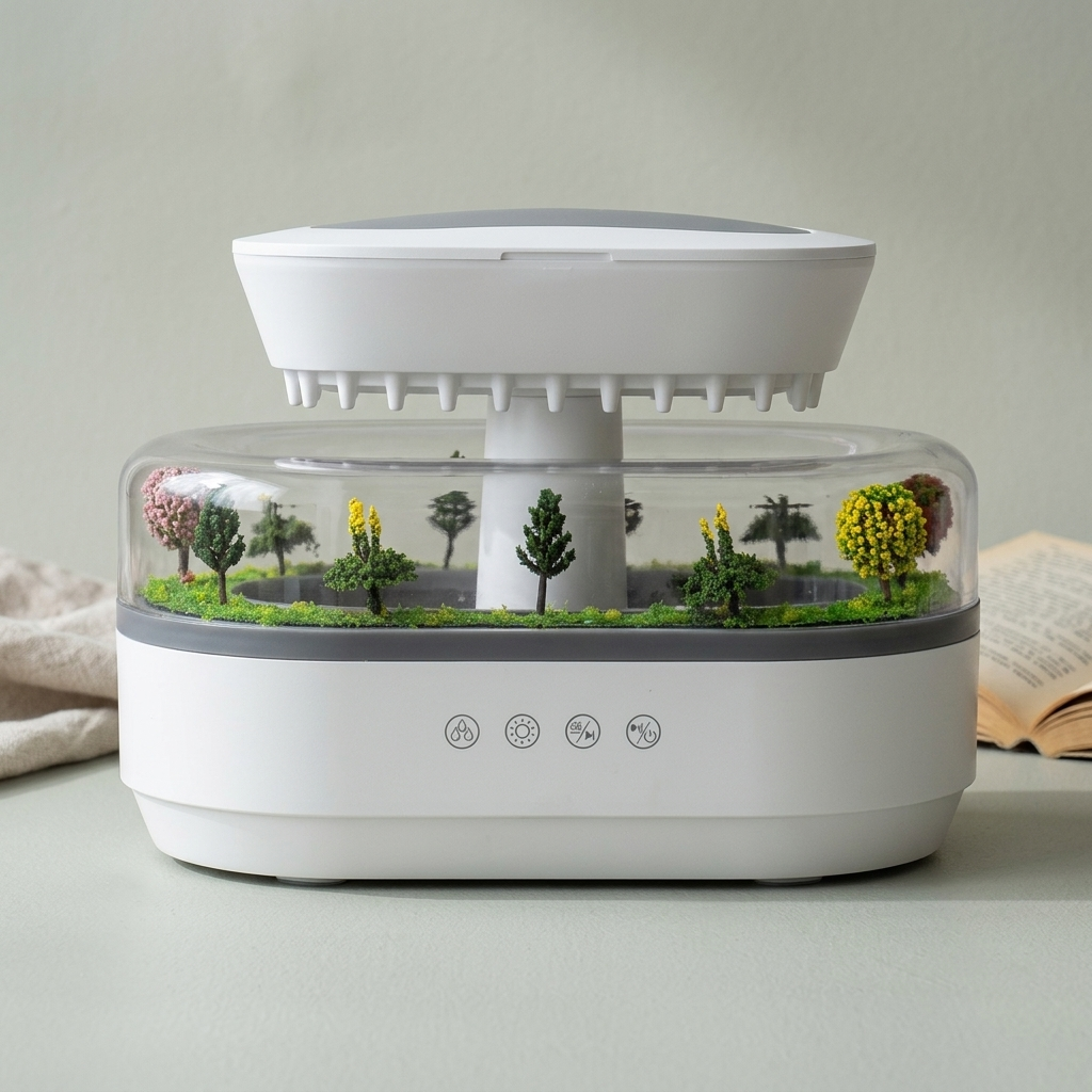 The raindrop humidifier on a plain background, its miniature landscape visible through the clear chamber.