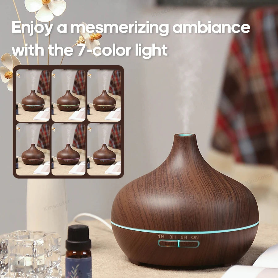 Wood Grain Aromatherapy Diffuser 300ml Essential Aroma Oils Ultrasonic Air Humidifier 3 Timers USB Color Light