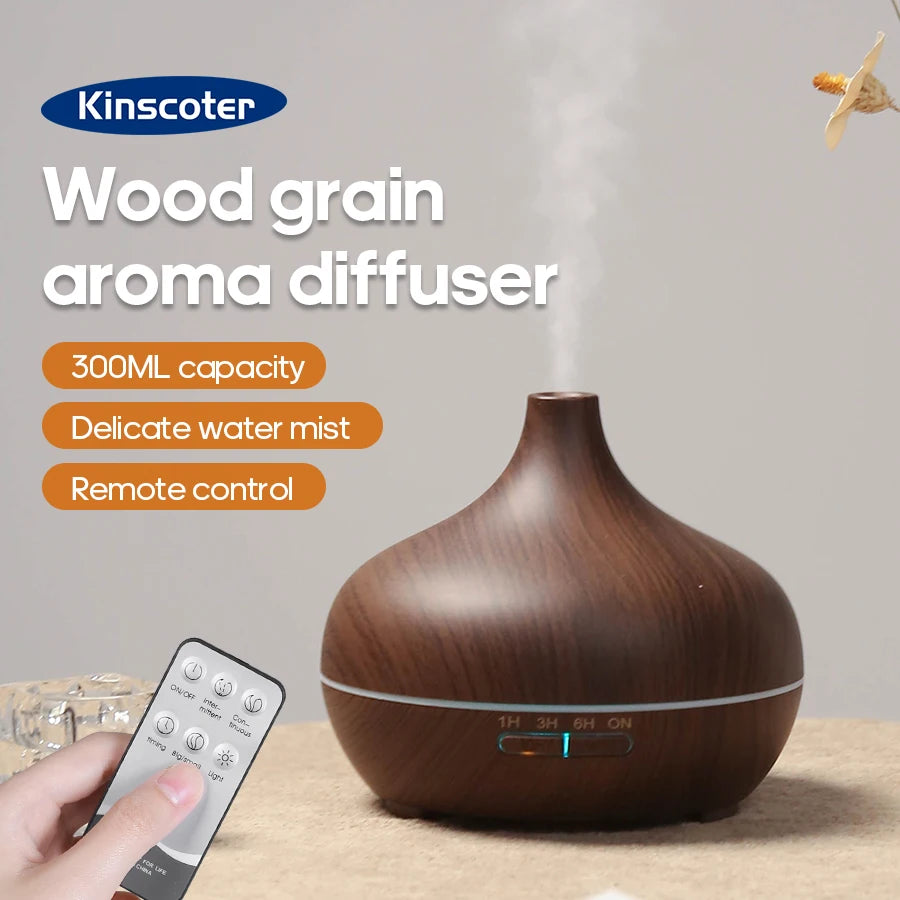 Wood Grain Aromatherapy Diffuser 300ml Essential Aroma Oils Ultrasonic Air Humidifier 3 Timers USB Color Light