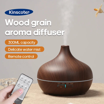 Wood Grain Aromatherapy Diffuser 300ml Essential Aroma Oils Ultrasonic Air Humidifier 3 Timers USB Color Light