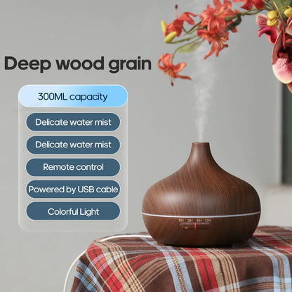Wood Grain Aromatherapy Diffuser 300ml Essential Aroma Oils Ultrasonic Air Humidifier 3 Timers USB Color Light
