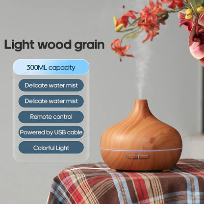 Wood Grain Aromatherapy Diffuser 300ml Essential Aroma Oils Ultrasonic Air Humidifier 3 Timers USB Color Light