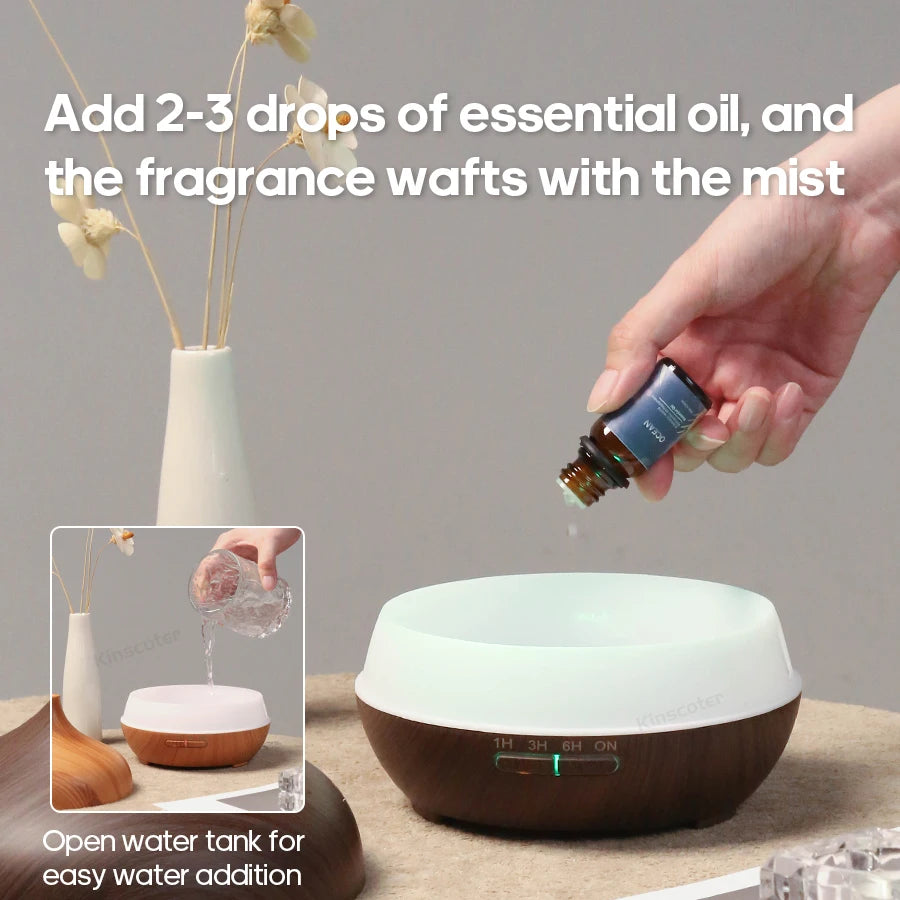 Wood Grain Aromatherapy Diffuser 300ml Essential Aroma Oils Ultrasonic Air Humidifier 3 Timers USB Color Light