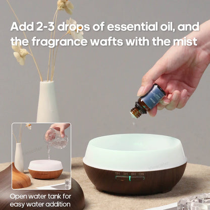 Wood Grain Aromatherapy Diffuser 300ml Essential Aroma Oils Ultrasonic Air Humidifier 3 Timers USB Color Light
