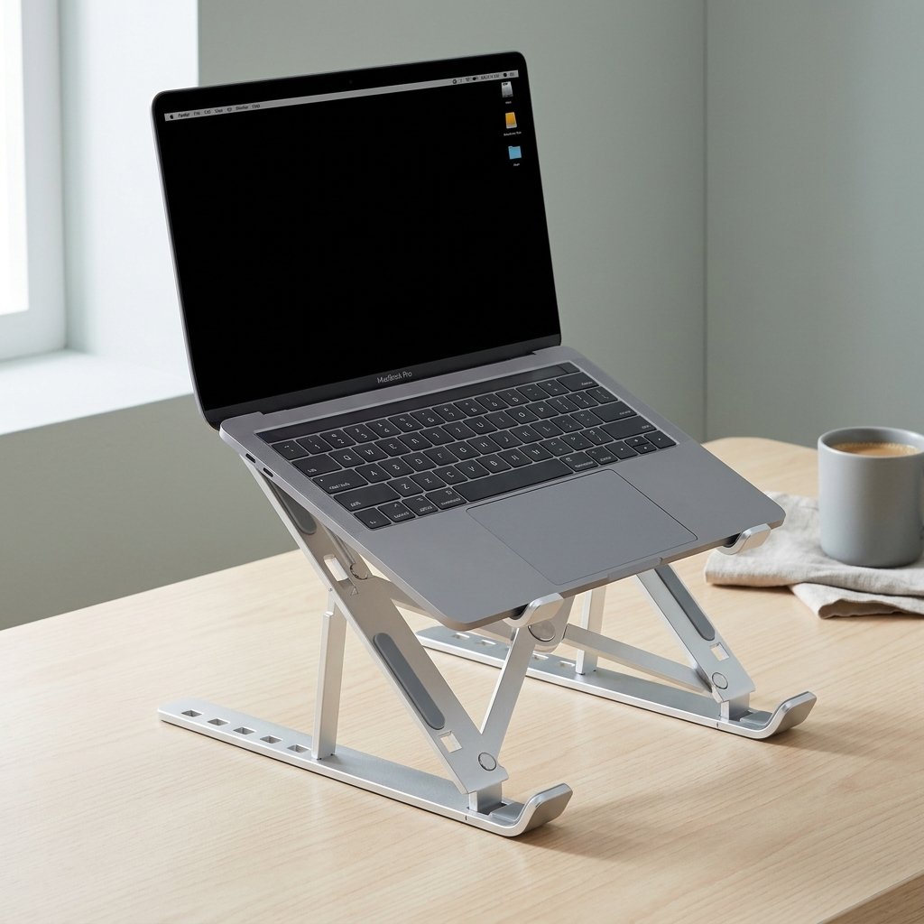 An open laptop resting on the silver folding riser on a pale wooden desk.