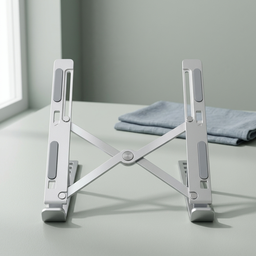 The silver folding laptop riser, open, on a plain background.