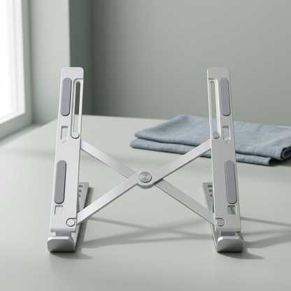 The silver folding laptop riser, open, on a plain background.