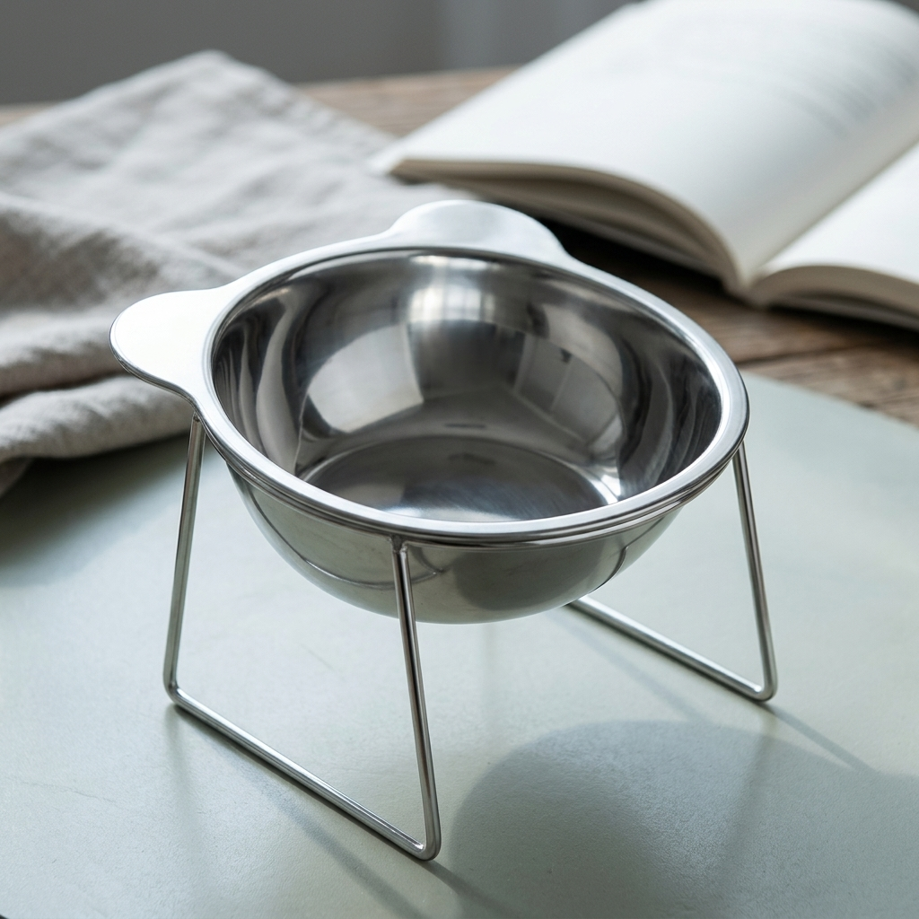 Close view of the tilted stainless steel bowl seated in its wire stand.