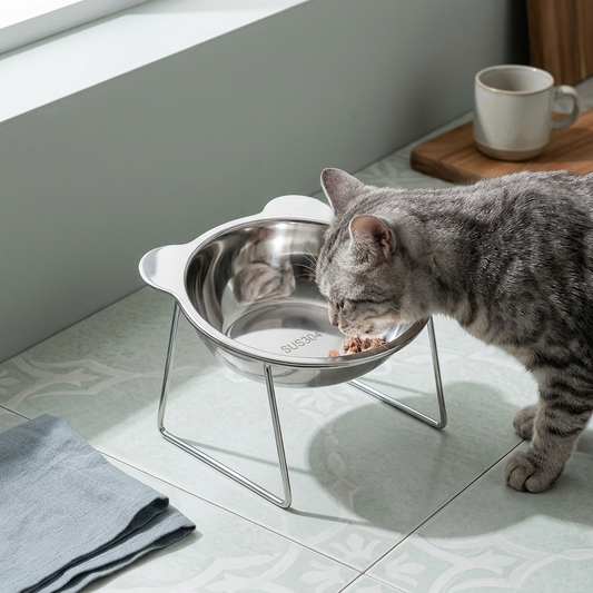 A cat eating from the tilted stainless steel bowl on its wire stand.