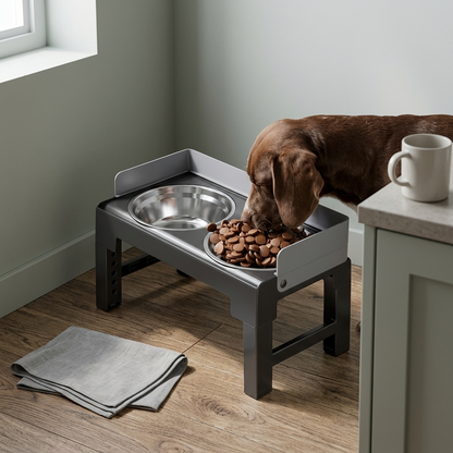 A dog eating from the black folding raised feeder in the corner of a kitchen.