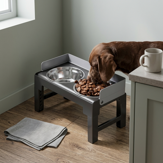 A dog eating from the black folding raised feeder in the corner of a kitchen.