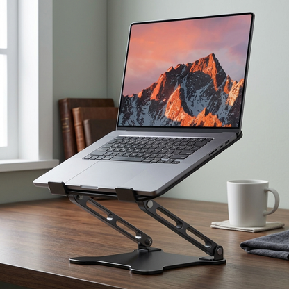 An open laptop resting on the black aluminium desk stand on a walnut desk.