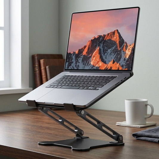 An open laptop resting on the black aluminium desk stand on a walnut desk.
