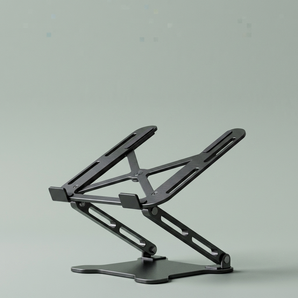 The black aluminium desk stand, extended, on a plain background.