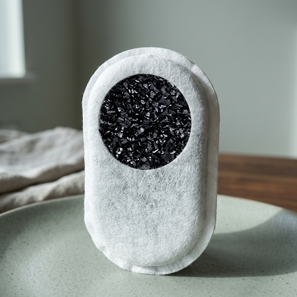 Cut-away view of a carbon filter pad showing the activated carbon inside its non-woven fabric shell.