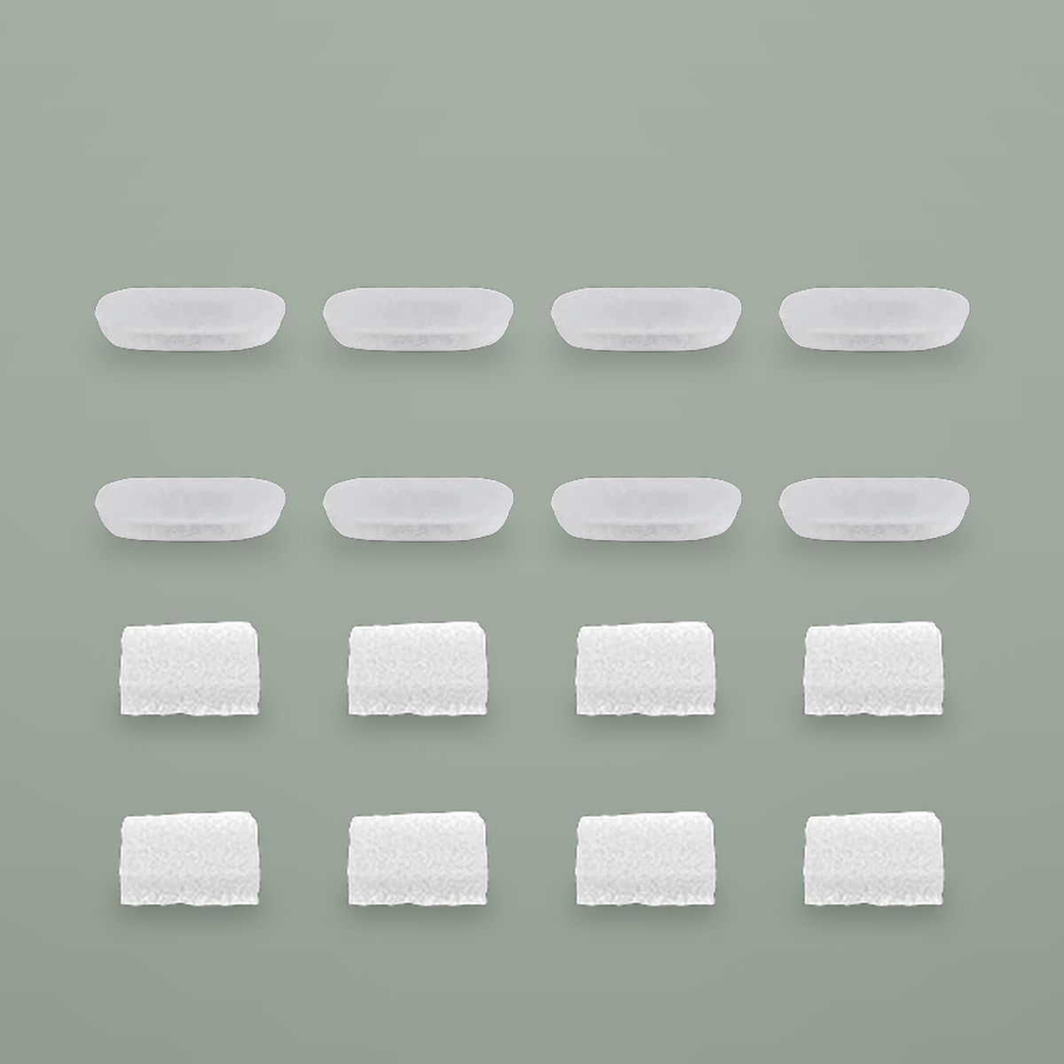 Eight carbon filter pads and eight foam pre-filters on a plain background.