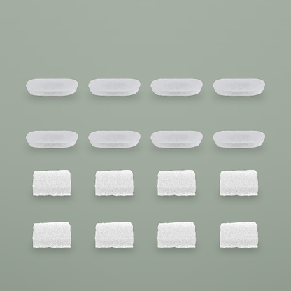Eight carbon filter pads and eight foam pre-filters on a plain background.