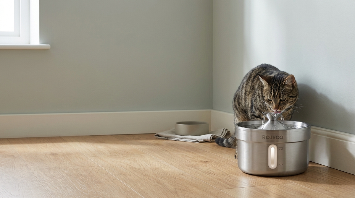 A tabby cat drinking from a stainless steel pet fountain on an oak floor.