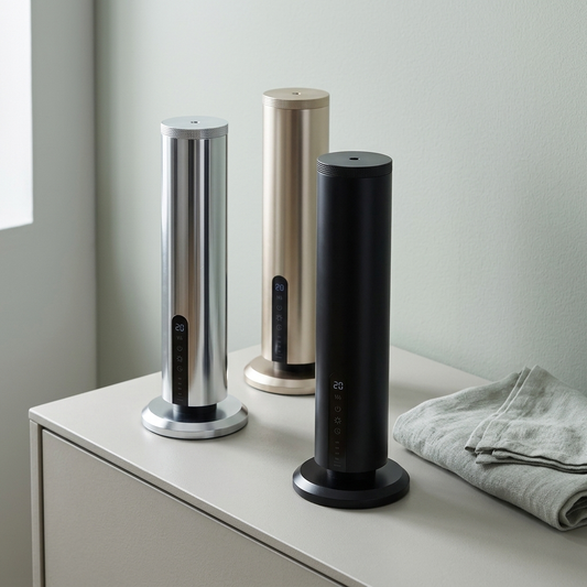 The scent diffuser in silver, gold and black standing on a sideboard.