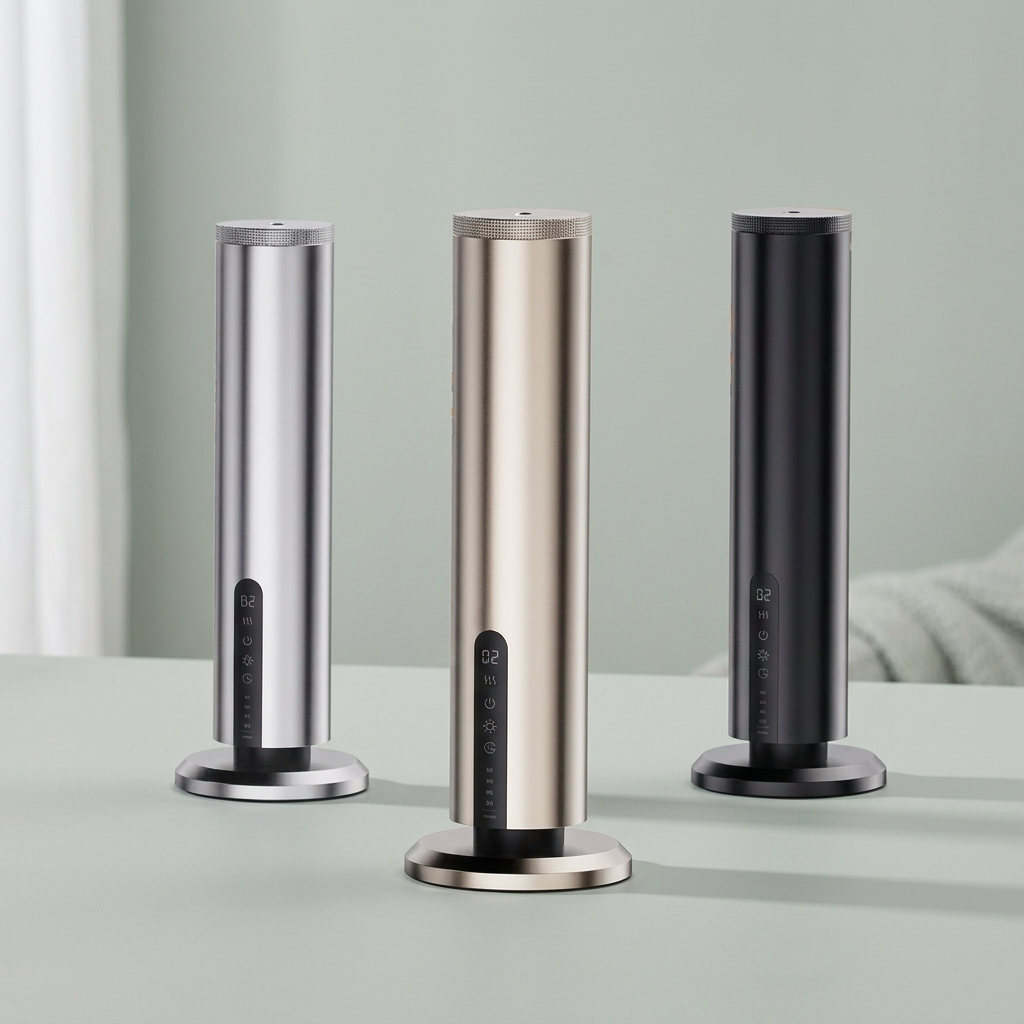 The three finishes of the aluminium scent diffuser on a plain background.