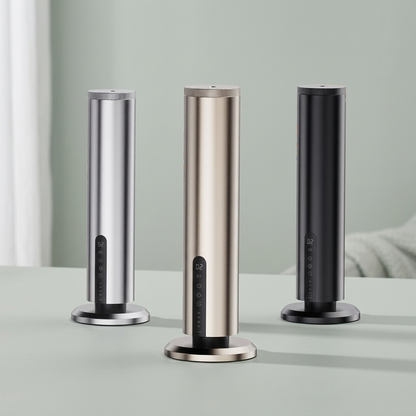 The three finishes of the aluminium scent diffuser on a plain background.