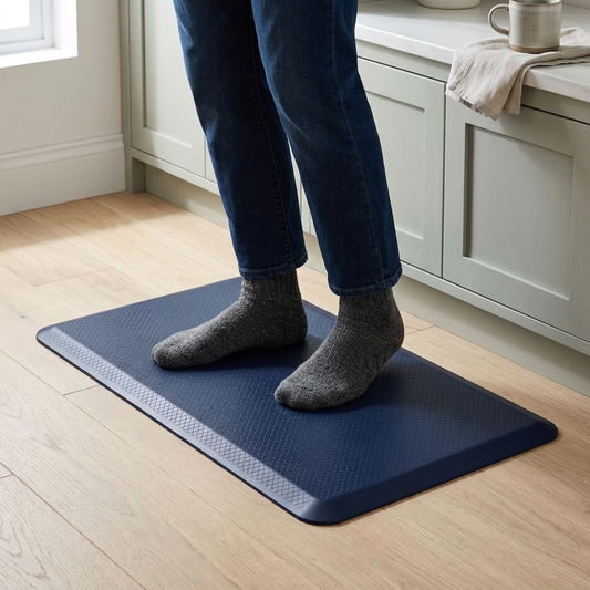 Someone standing on the navy anti-fatigue mat in wool socks, in a kitchen.