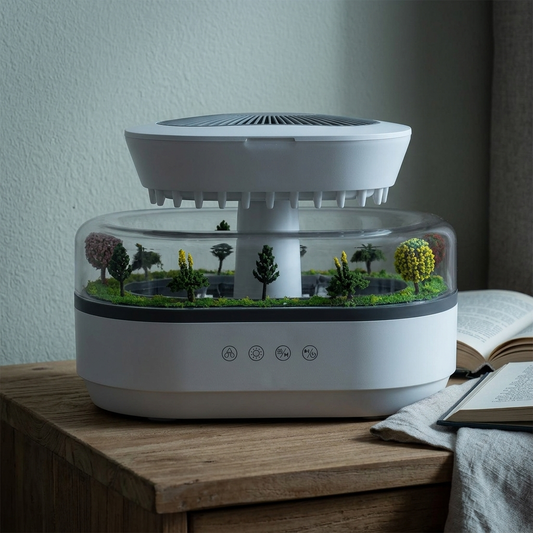 The raindrop humidifier on a bedside table, its miniature landscape visible through the clear chamber.