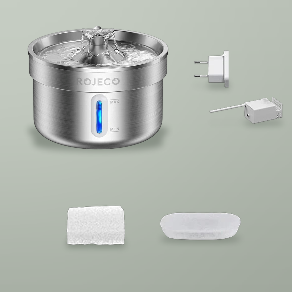 Steel pet fountain with a white EU adapter, pump, one sponge filter and one carbon filter.