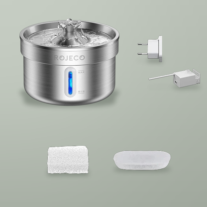 Steel pet fountain with a white EU adapter, pump, one sponge filter and one carbon filter.