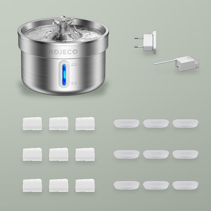 Steel pet fountain with a white EU adapter, pump, nine sponge filters and nine carbon filters.