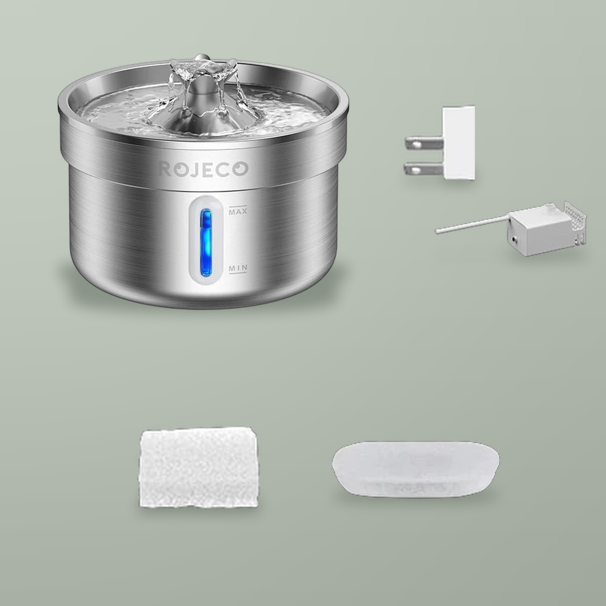 Steel pet fountain with a white US adapter, pump, one sponge filter and one carbon filter.