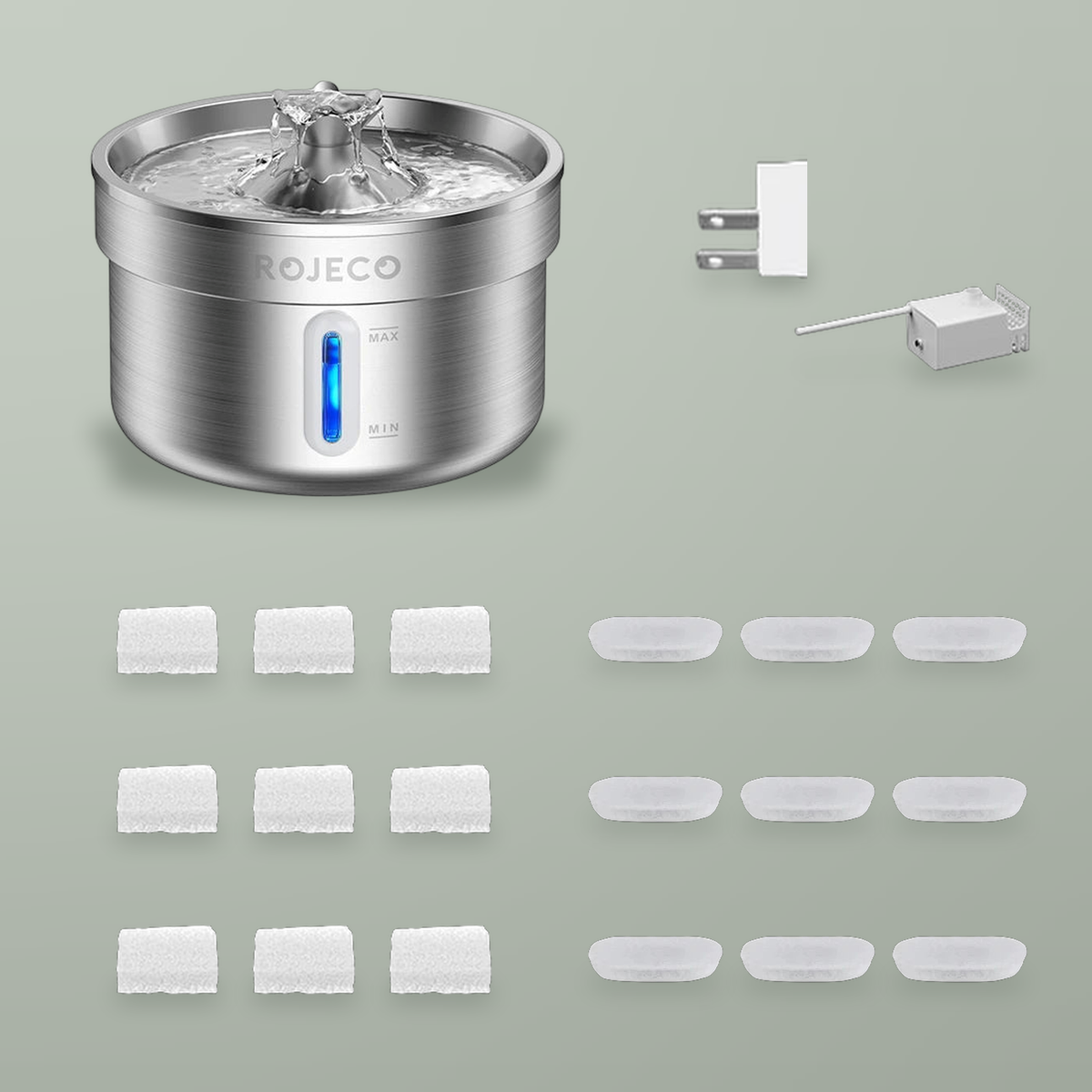 Steel pet fountain with a white US adapter, pump, nine sponge filters and nine carbon filters.