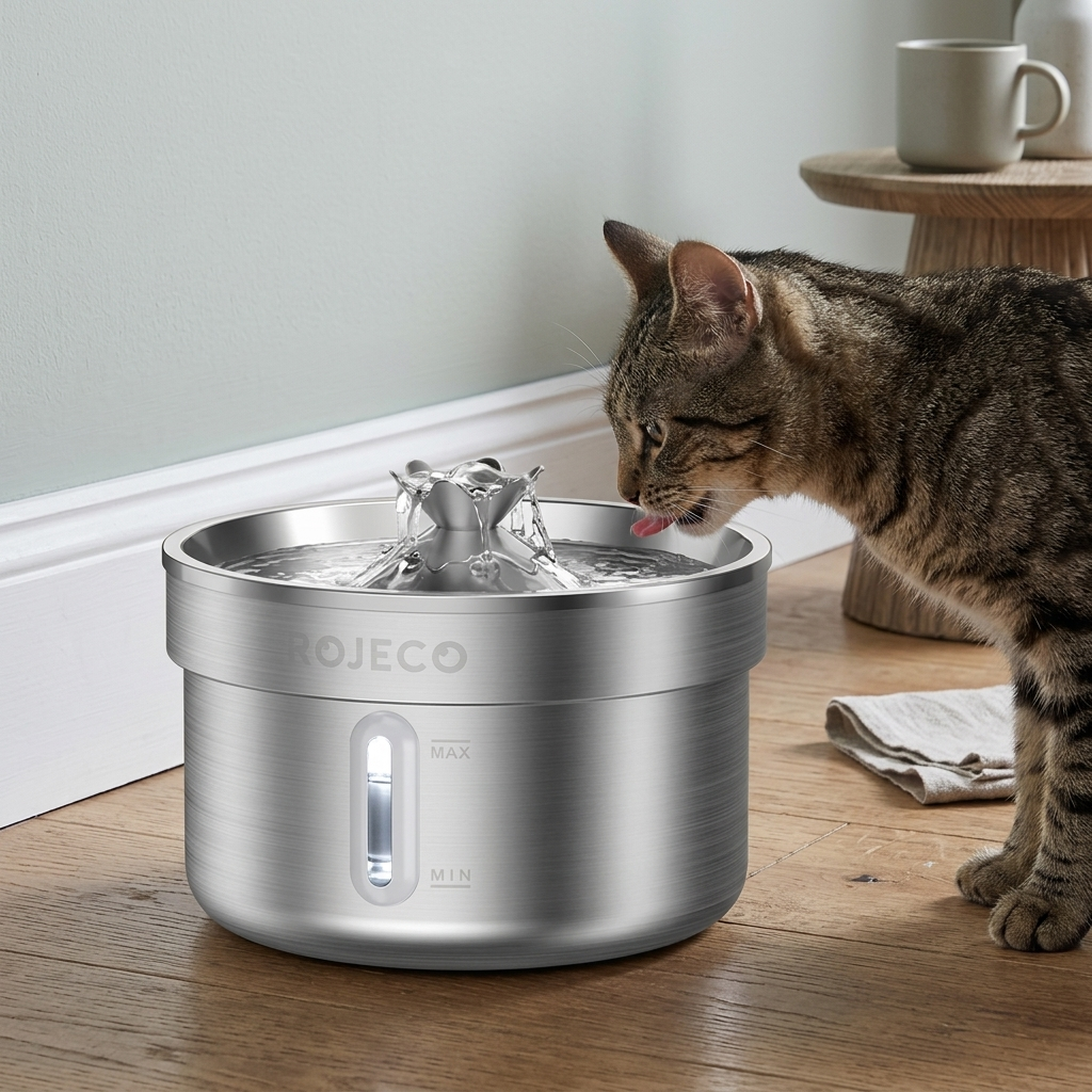 A tabby cat drinking from the stainless steel pet fountain on a wooden floor, water running from the centre spout.