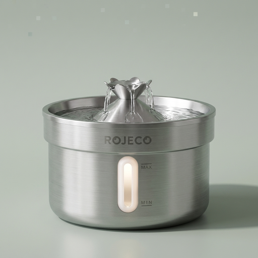 The stainless steel pet fountain alone on a plain background, water running from the centre spout.