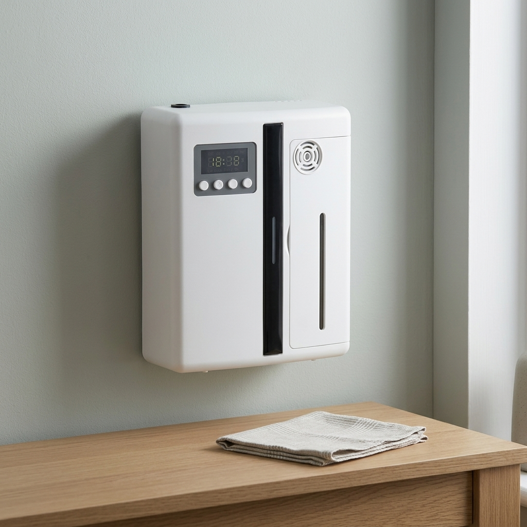 The white scent diffuser mounted on a wall above a console table.