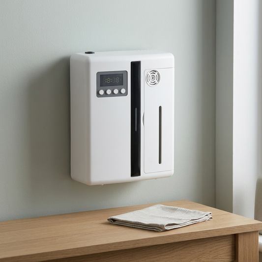 The white scent diffuser mounted on a wall above a console table.