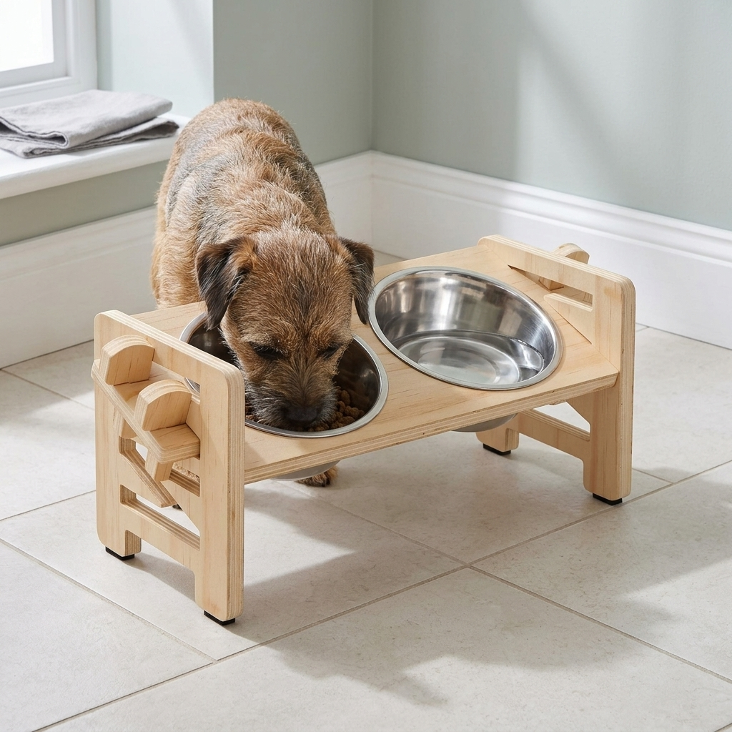 A small terrier eating from the wooden raised feeder on a tiled kitchen floor.