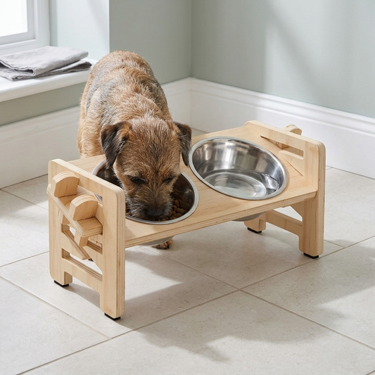 A small terrier eating from the wooden raised feeder on a tiled kitchen floor.