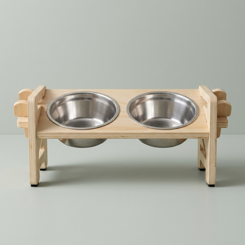The wooden raised feeder with two stainless steel bowls, on a plain background.