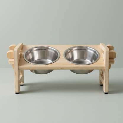 The wooden raised feeder with two stainless steel bowls, on a plain background.
