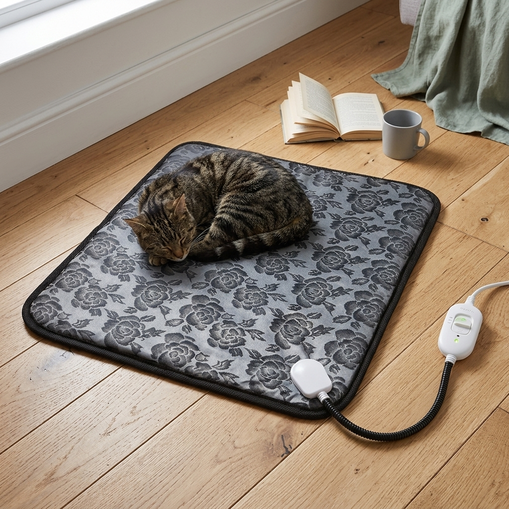 A tabby cat curled asleep on the Rose-pattern heated mat on a wooden floor, with the controller lit beside it.
