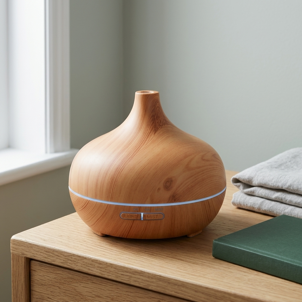 The wood grain diffuser on a bedside table beside folded linen.