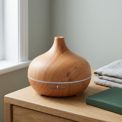 The wood grain diffuser on a bedside table beside folded linen.