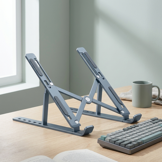 The aluminium laptop stand open on a wooden desk beside a keyboard and a mug.