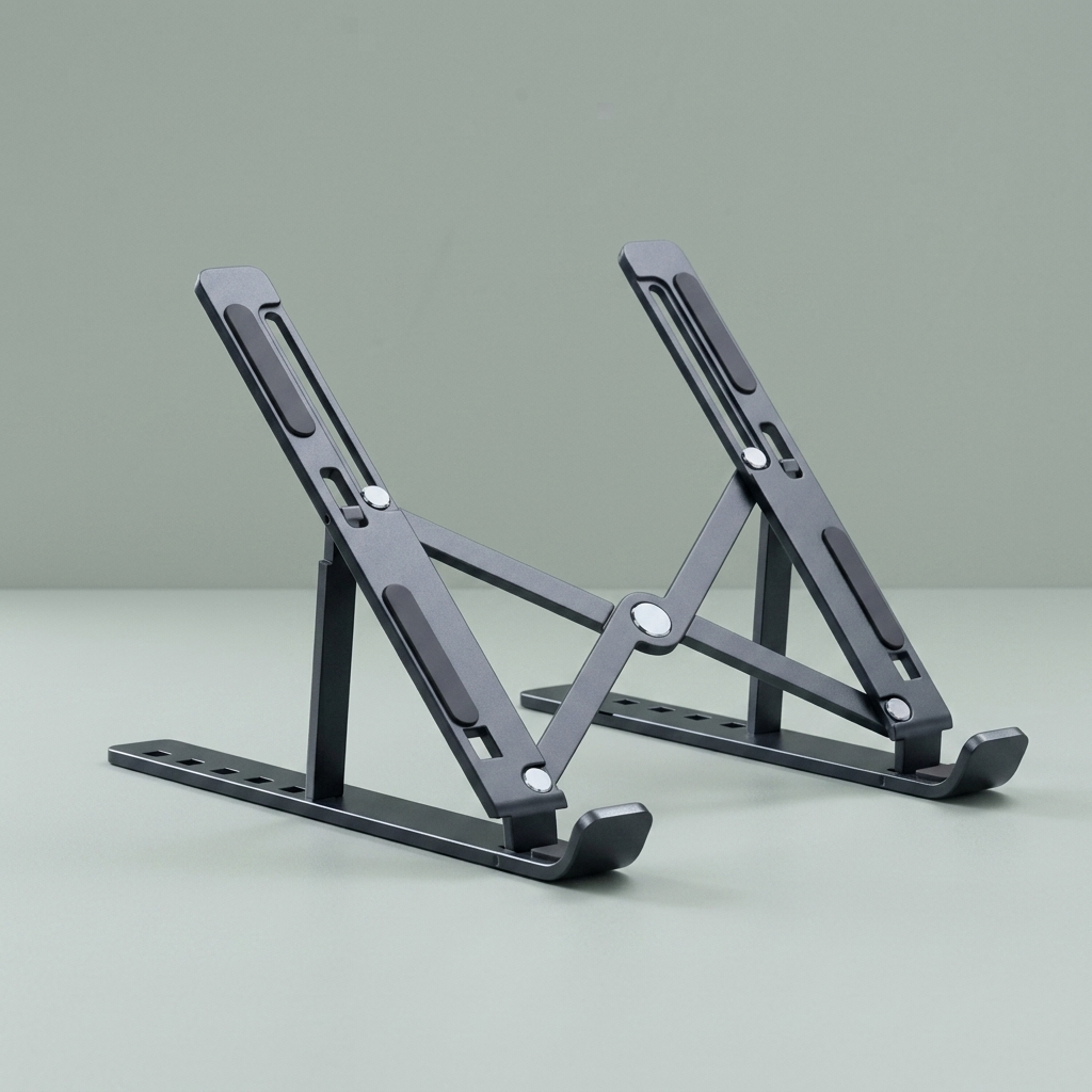 The folding aluminium laptop stand, open, on a plain background.